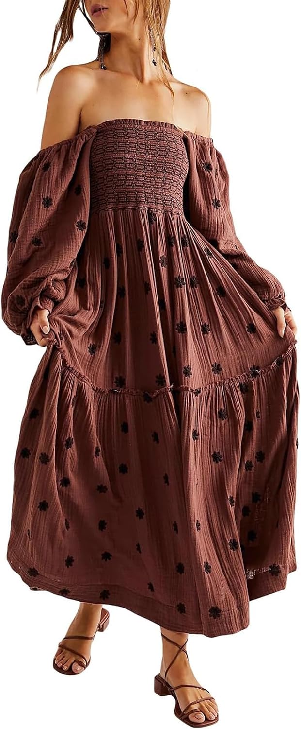 ABYOVRT Women Floral Embroidered Maxi Dress Long Puff Sleeve Square Neck Bohemian Flowy Dress with Pockets Summer Fall