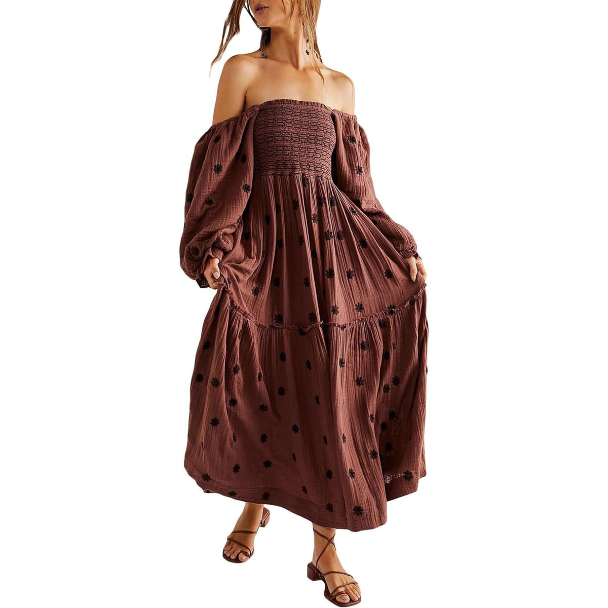 ABYOVRT Women Floral Embroidered Maxi Dress Long Puff Sleeve Square Neck Bohemian Flowy Dress with Pockets Summer Fall