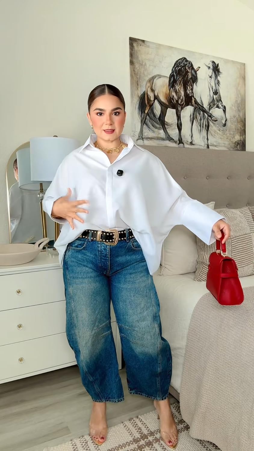 UOOZEE Womens Button Down Shirt Casual 3/4 Sleeve Loose Fit Collared Work Blouse Tops