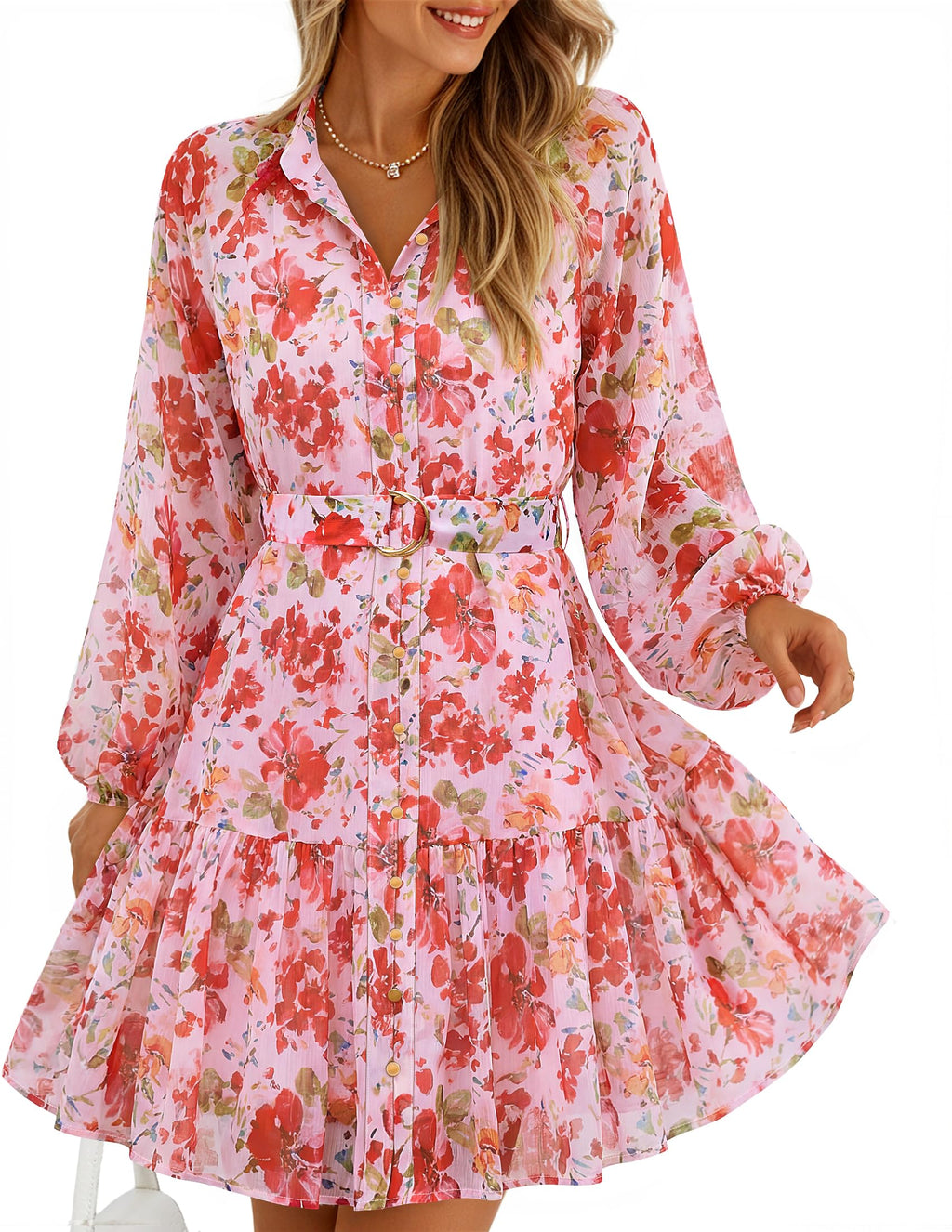 ZESICA Womens 2026 Fall Long Sleeve Floral Mini Dress
