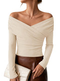 ZESICA Womens 2026 Fall Long Sleeve Wrap Off Shoulder Y2K Going Out Tops