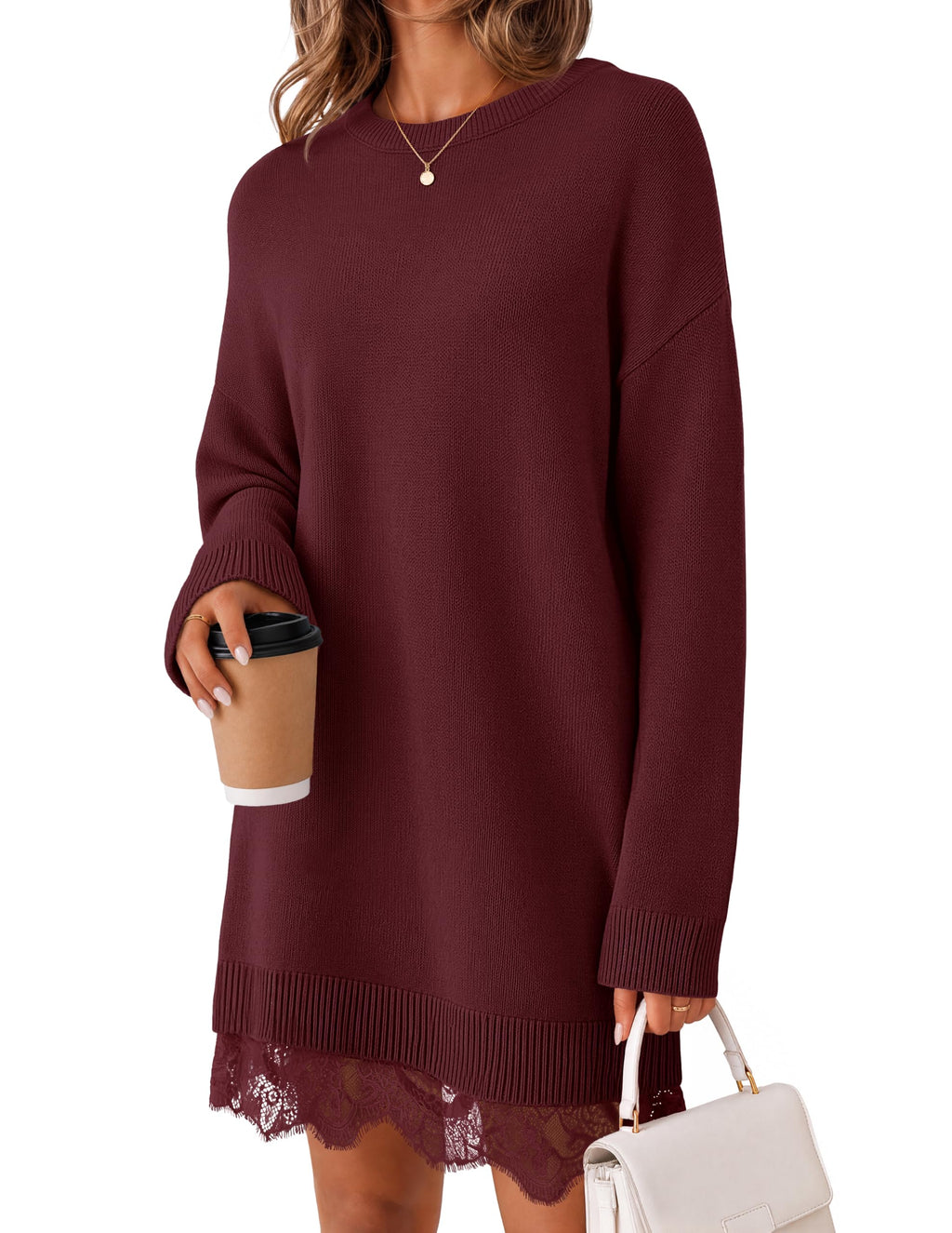 MEROKEETY Women's Fall Long Sleeve Lace Oversized Casual Knit Sweater Dress