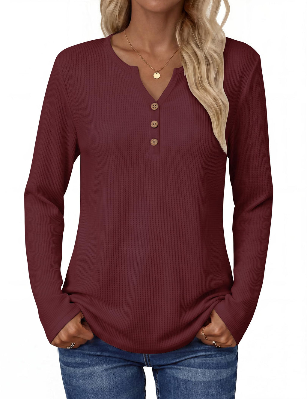 Zeagoo Women's Long Sleeve Waffle Knit Tops 2026 Fall Henley V Neck Shirts