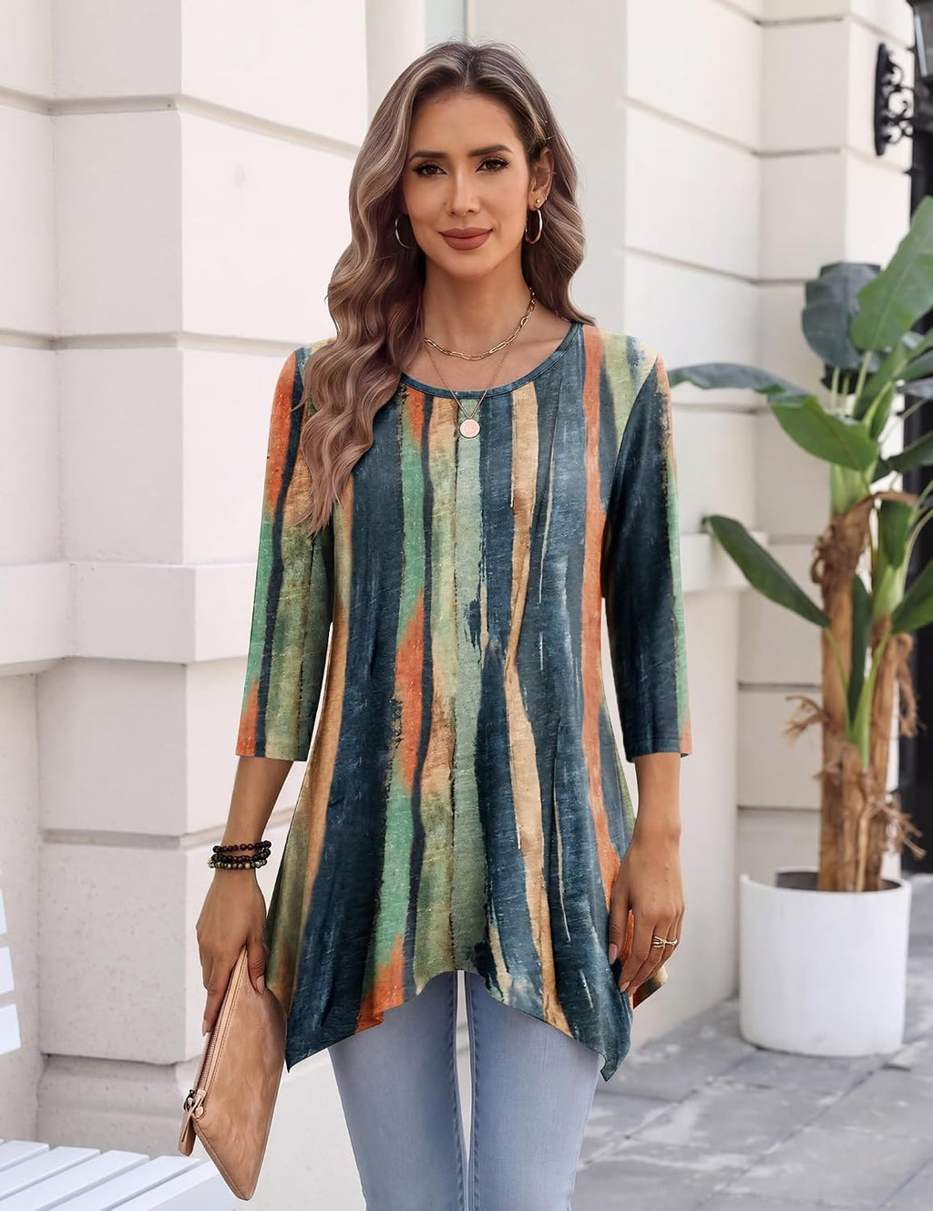 Zeagoo Womens Tops 3/4 Sleeve Loose Fit Dressy Tunics Plus Size Boho Shirts