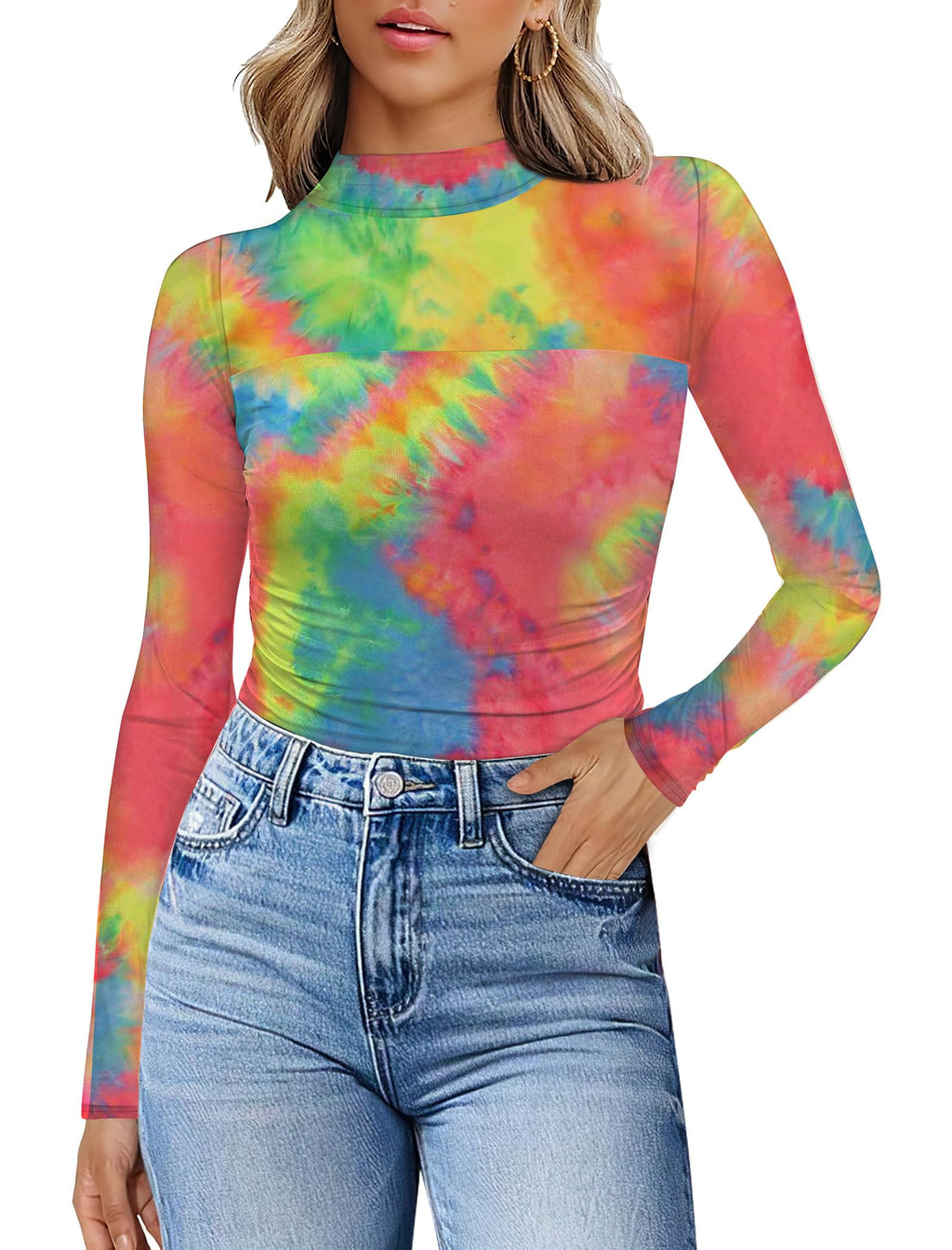 Womens Sexy Mesh Long Sleeve Shirts Fashion Clothing Turtle Necks Sheer Ruched Going Out Tops Fall Outfits Slim Fit Blouses