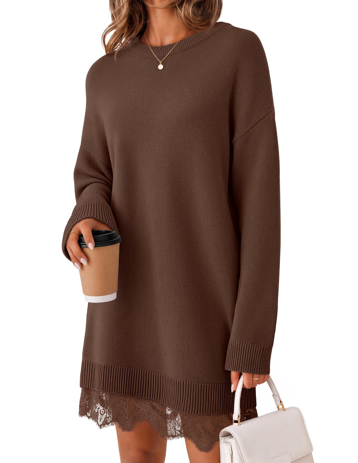 MEROKEETY Women's Fall Long Sleeve Lace Oversized Casual Knit Sweater Dress