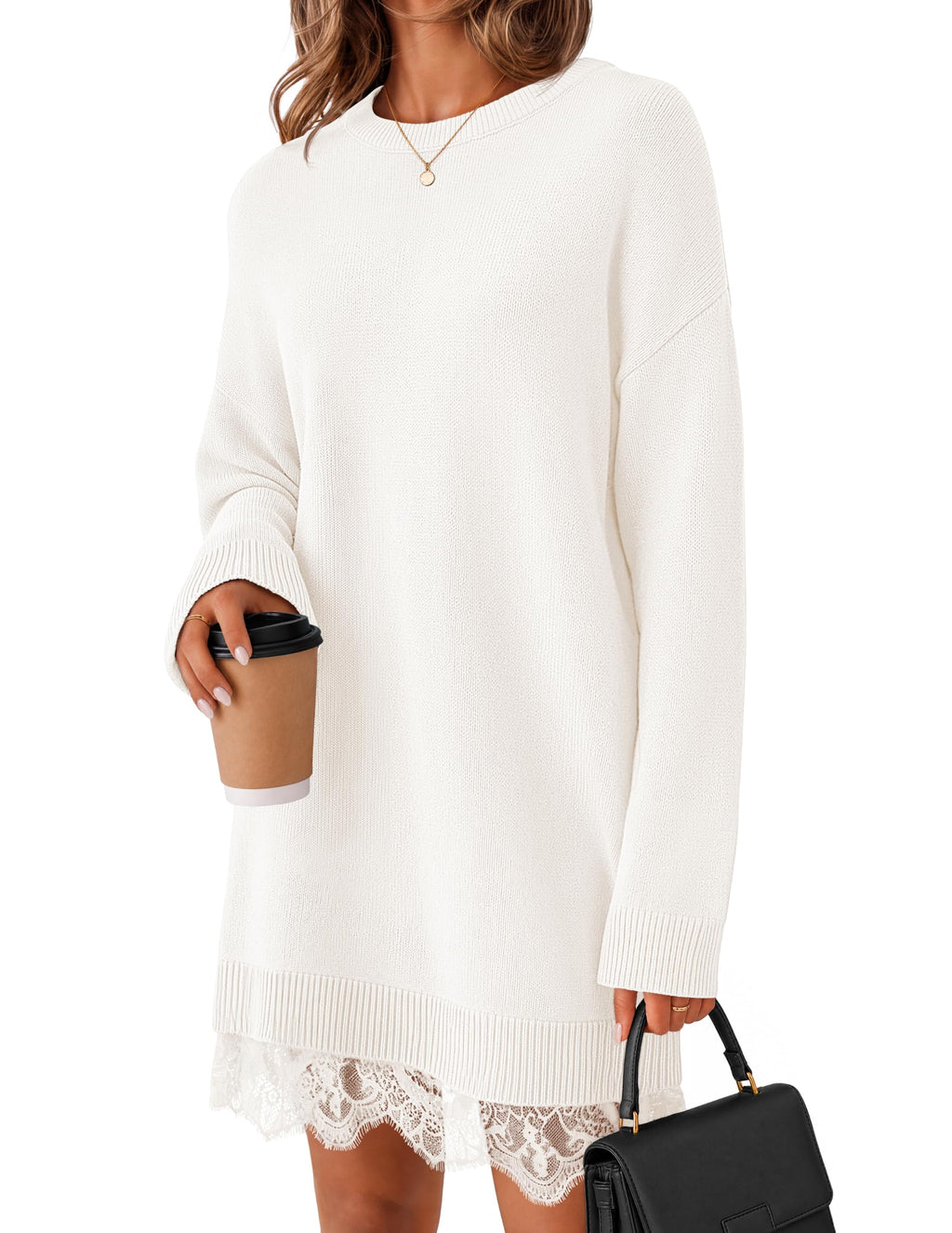 MEROKEETY Women's Fall Long Sleeve Lace Oversized Casual Knit Sweater Dress