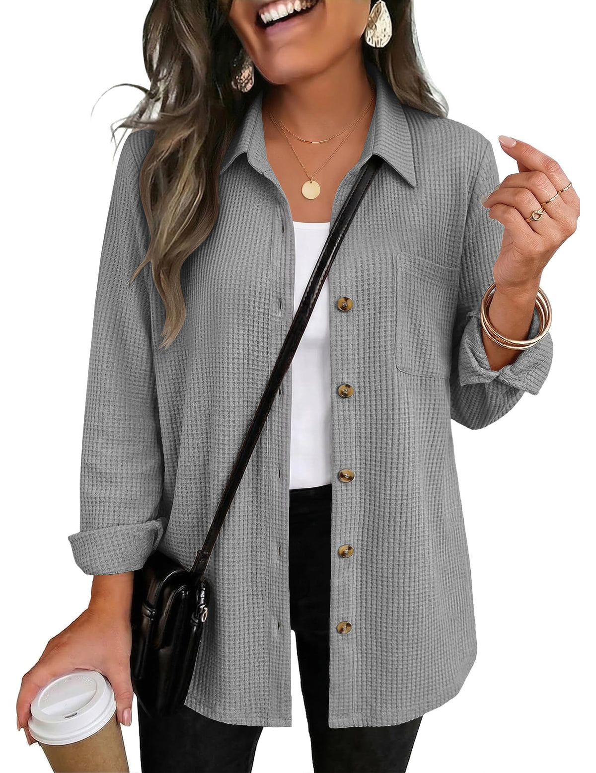 Zeagoo Womens Waffle Knit Shacket Button Down Long Sleeve Tops with Pocket