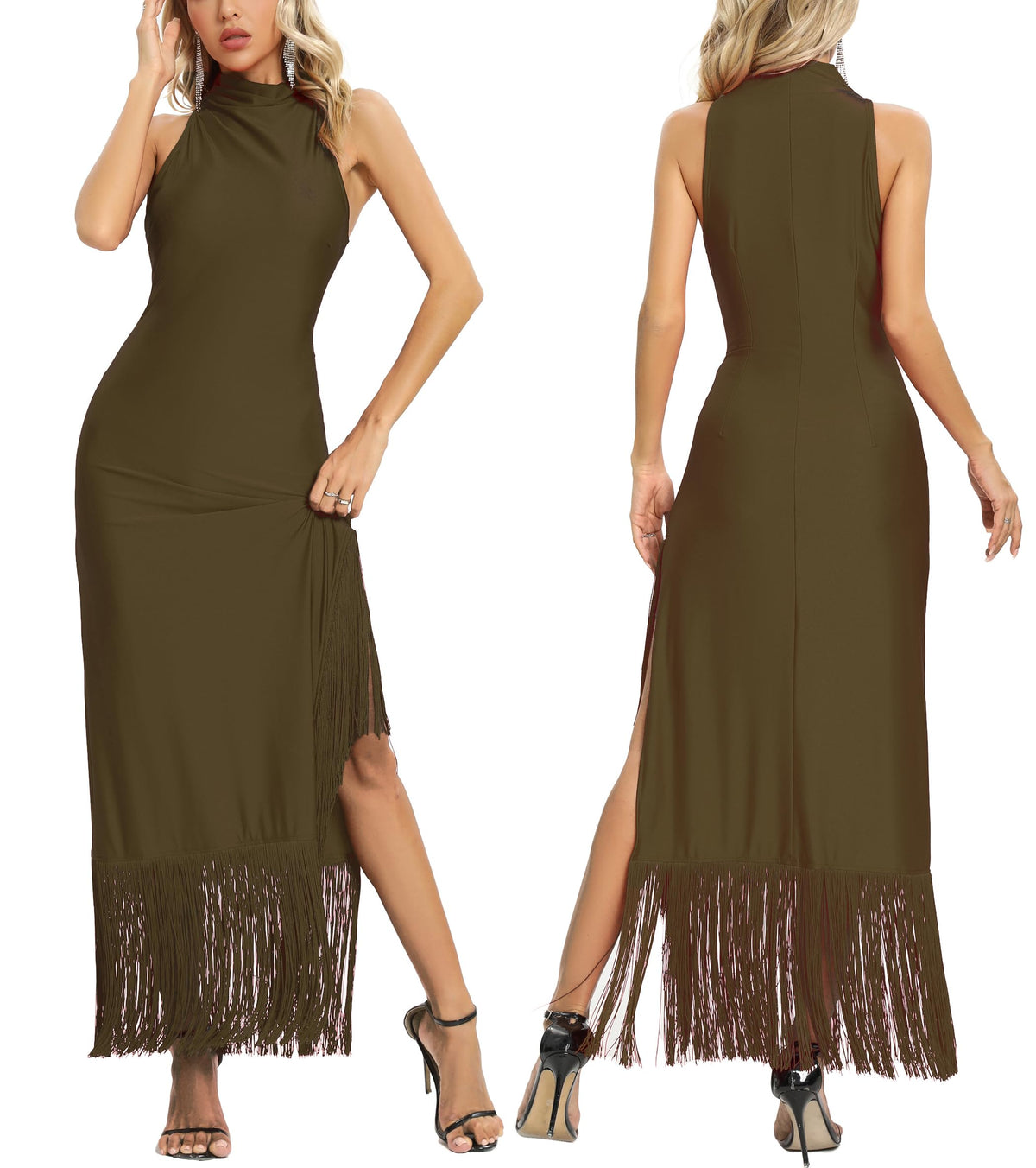 Women Gatsby Vintage Flapper Maxi Dress Halter Tassel Hem Gowns with Slit