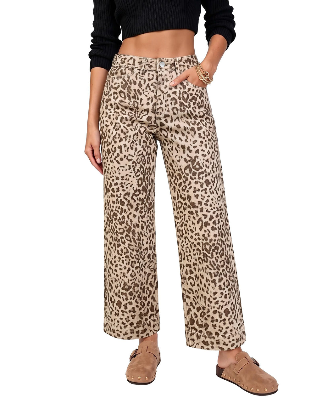 LookbookStore Wide Leg Jeans for Women Trendy High Waisted Stretchy Cheetah Leopard Pants Ankle Length Trouser Jeans