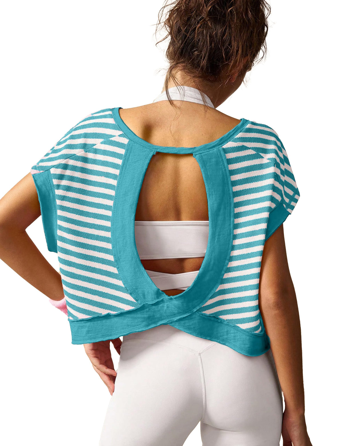Open Back Tops for Women Oversized Short Sleeve Workout T Shirts Backless Y2k Athletic Crop Running Tees
