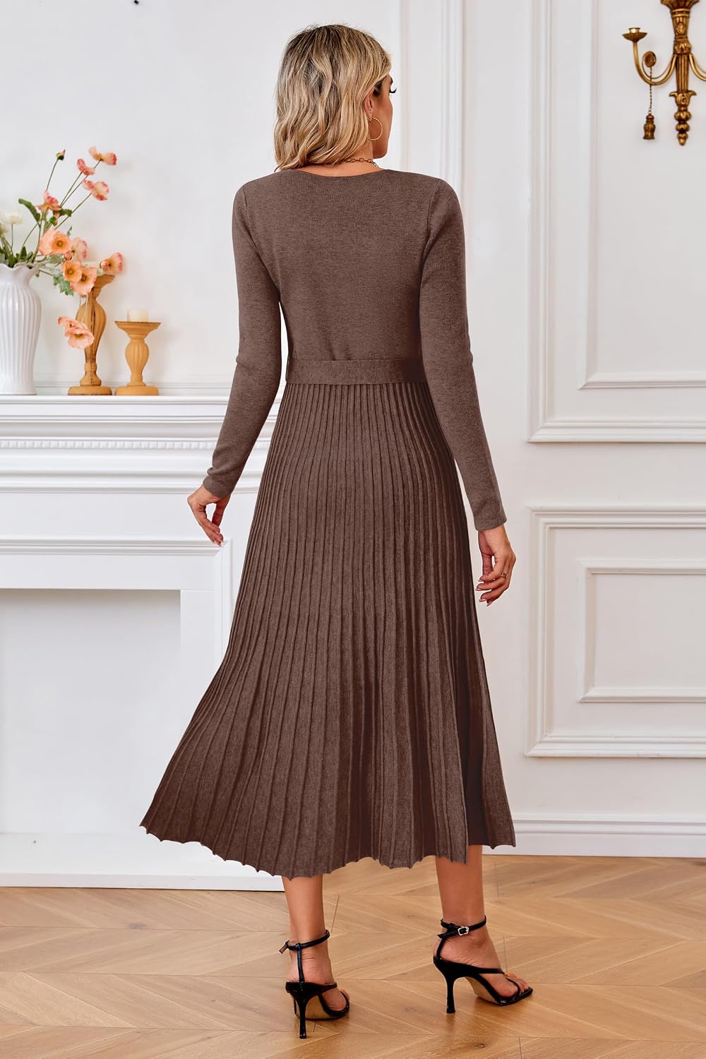 Arach&Cloz Women's Wool Blend Fall Long Sleeve Midi Sweater Dress