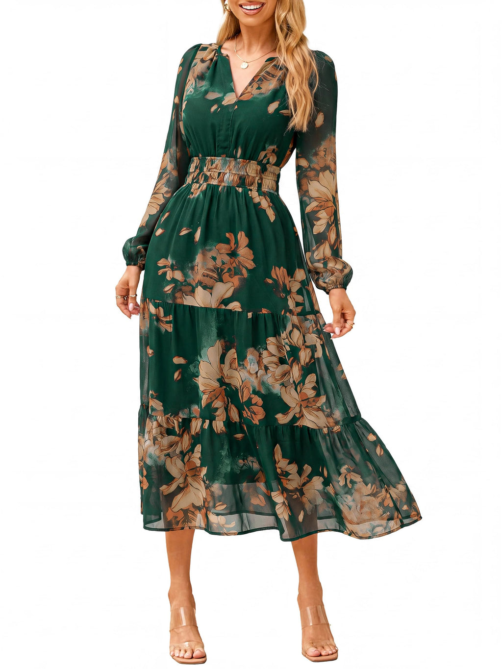 Simplee Women's Floral Boho Long Sleeve Maxi Dress V Neck Empire Waist Swing Flowy Wedding Guest Dress
