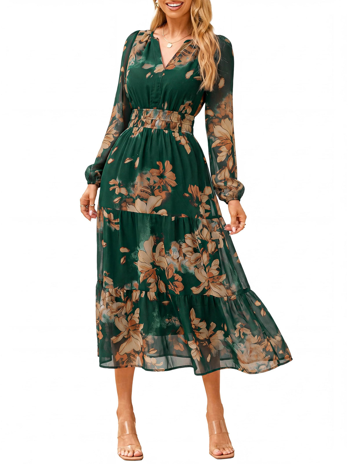 Simplee Women's Floral Boho Long Sleeve Maxi Dress V Neck Empire Waist Swing Flowy Wedding Guest Dress