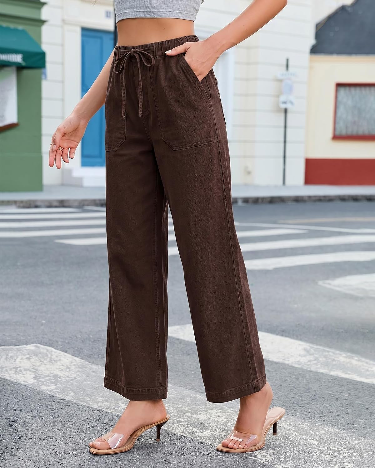 GRAPENT Wide Leg Jeans for Women Trendy High Waisted Drawstring Tie Elastic Waist Stretchy Denim Pants Trouser Jeans