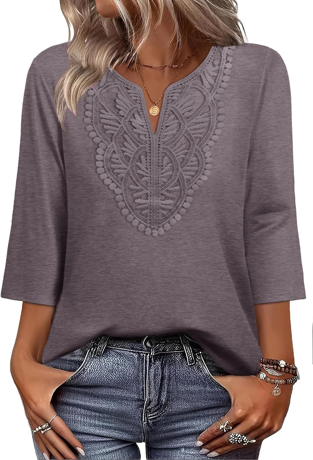 WIHOLL 3/4 Length Sleeve Womens Tops Boho V Neck Lace Shirt Trendy Blouses Dressy Casual Vacation Clothes S-3XL