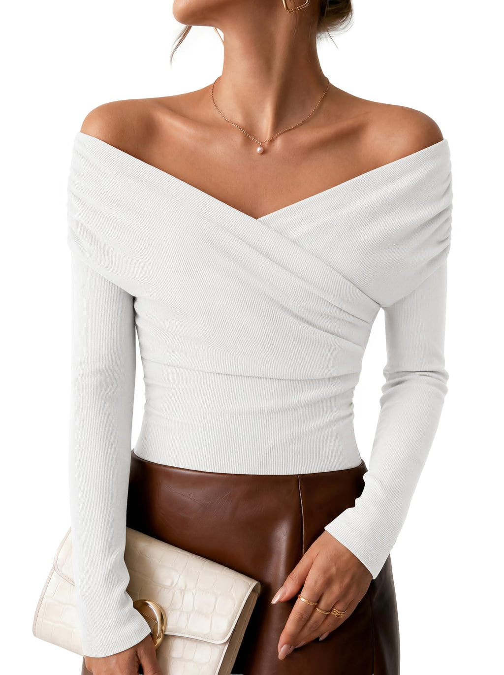 ZESICA Womens 2026 Fall Long Sleeve Wrap Off Shoulder Y2K Going Out Tops