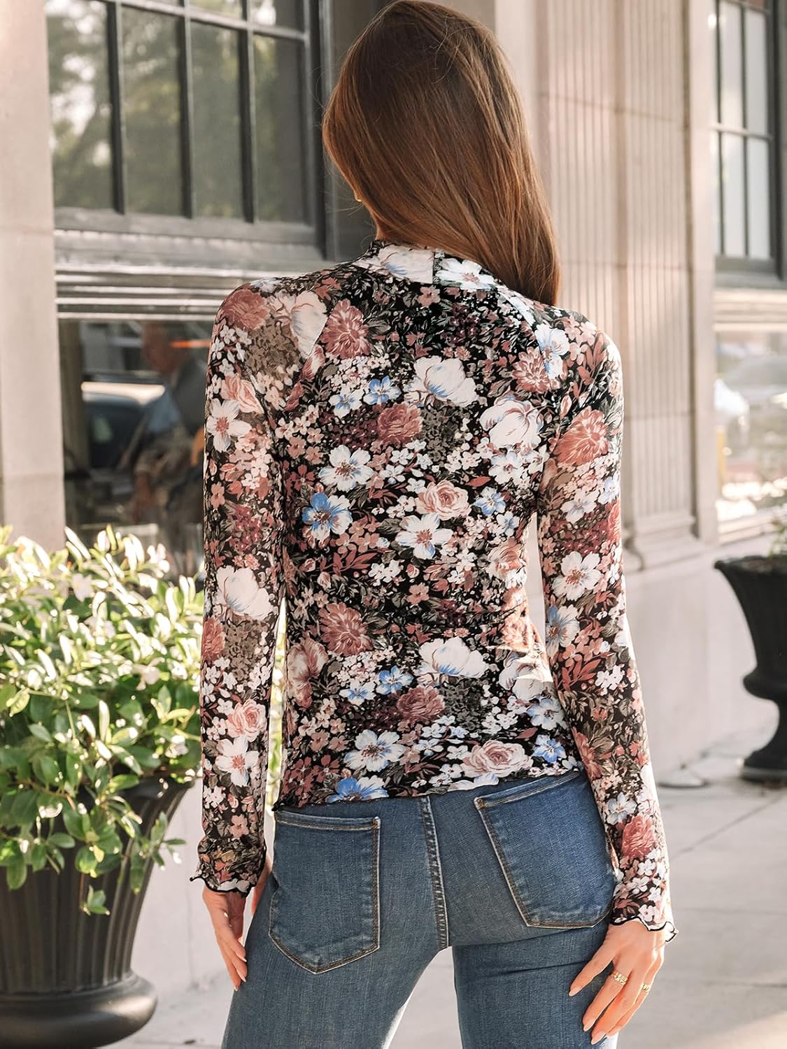 Dealmore Womens Lace Sheer Floral Mesh Mock Neck Tops