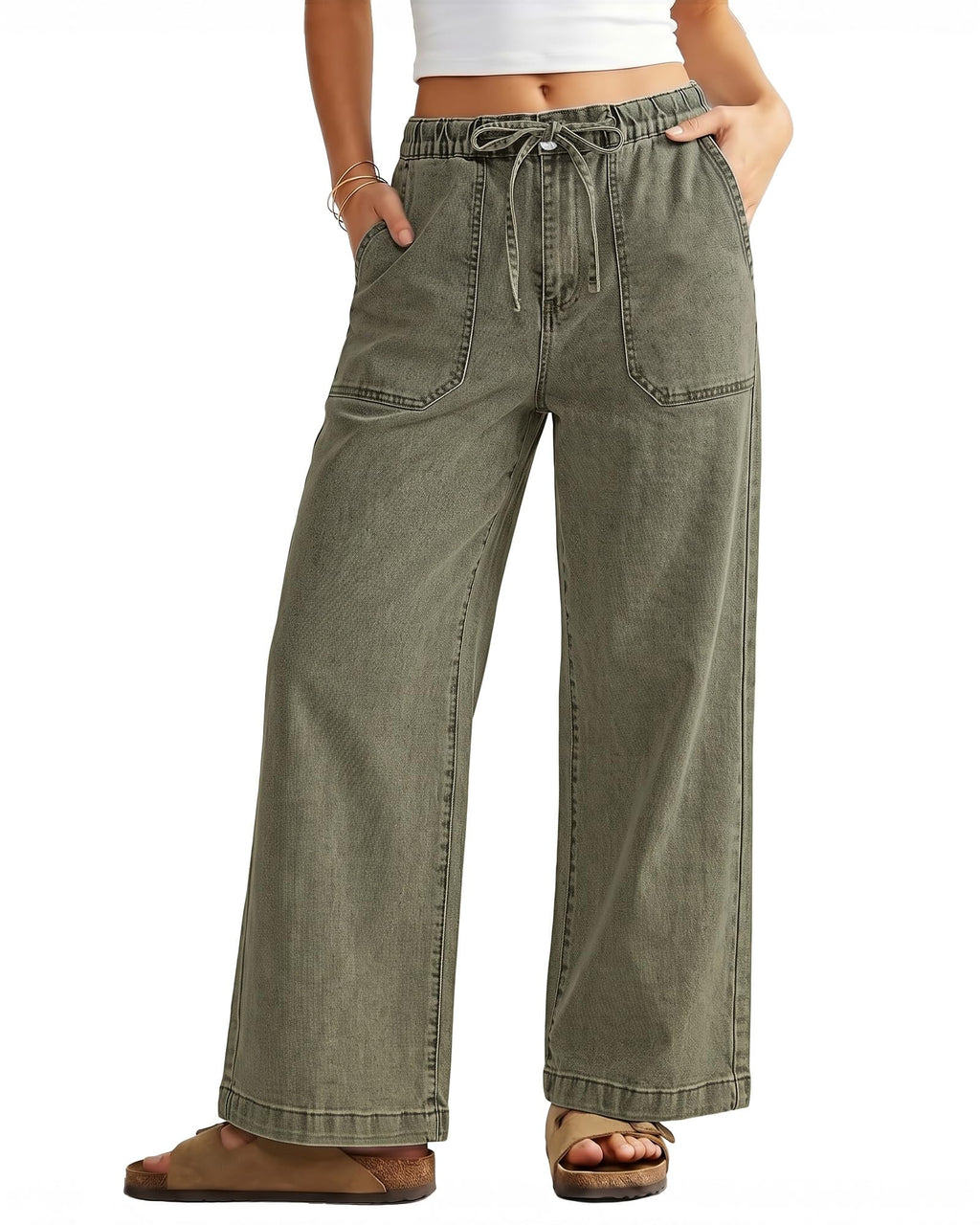 GRAPENT Wide Leg Jeans for Women Trendy High Waisted Drawstring Tie Elastic Waist Stretchy Denim Pants Trouser Jeans