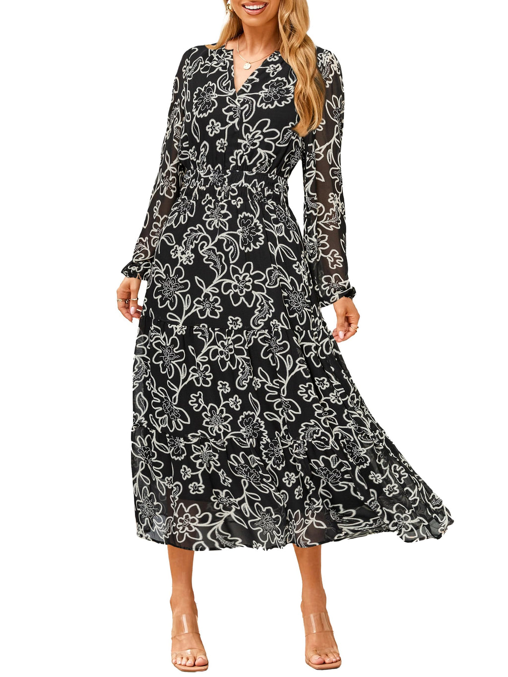 Simplee Women's Floral Boho Long Sleeve Maxi Dress V Neck Empire Waist Swing Flowy Wedding Guest Dress