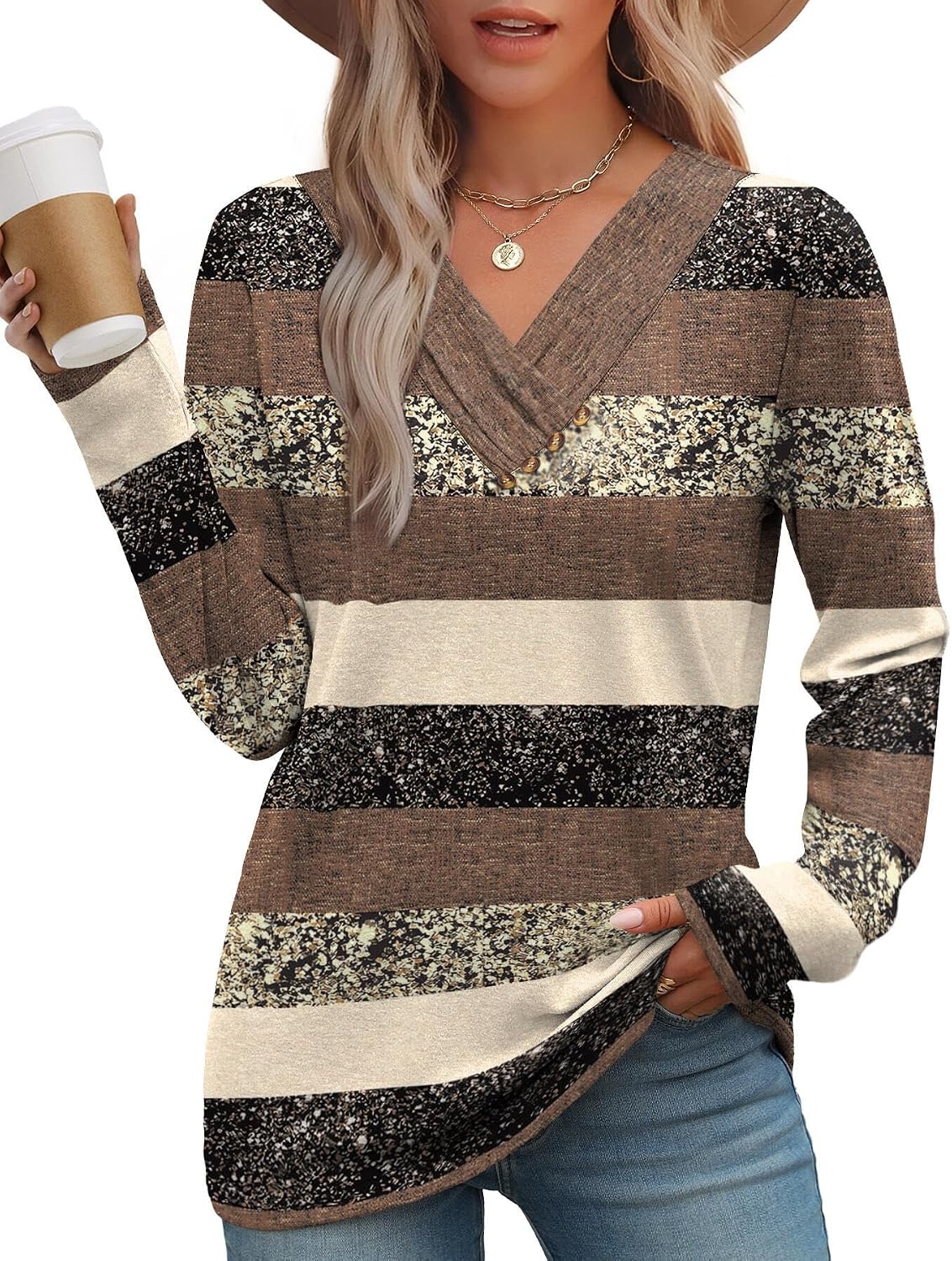 WIHOLL Long Sleeve Shirts for Women Fall Outfits V Neck T Shirts Button Down Tunic Tops Fashion Clothing