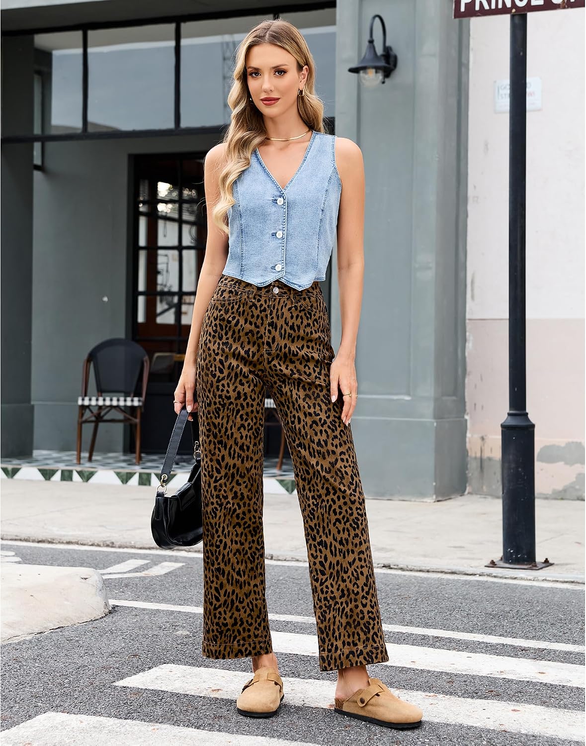 LookbookStore Wide Leg Jeans for Women Trendy High Waisted Stretchy Cheetah Leopard Pants Ankle Length Trouser Jeans