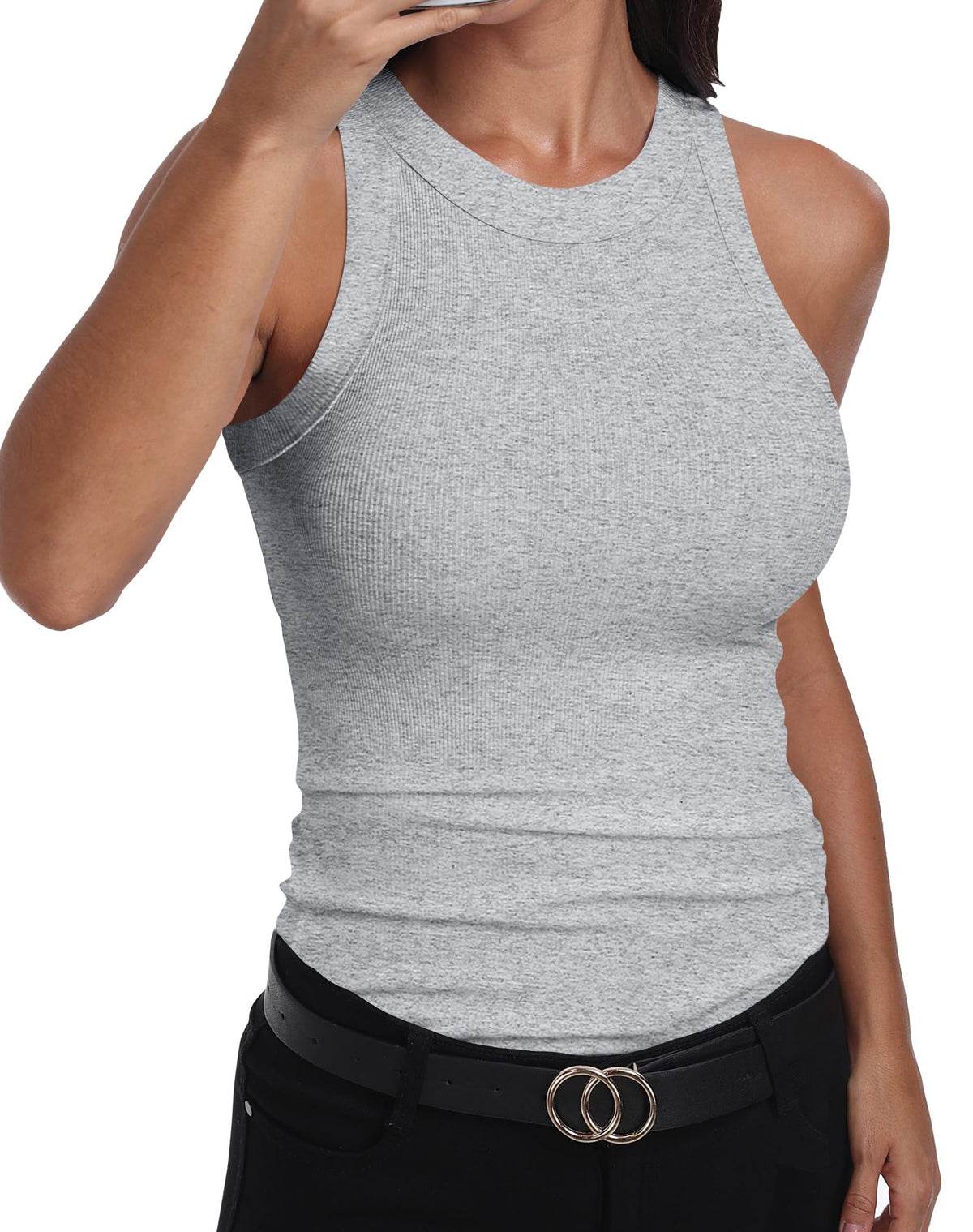 GEMBERA Womens Sleeveless Racerback High Neck Casual Basic Cotton Ribbed Fitted Tank Top