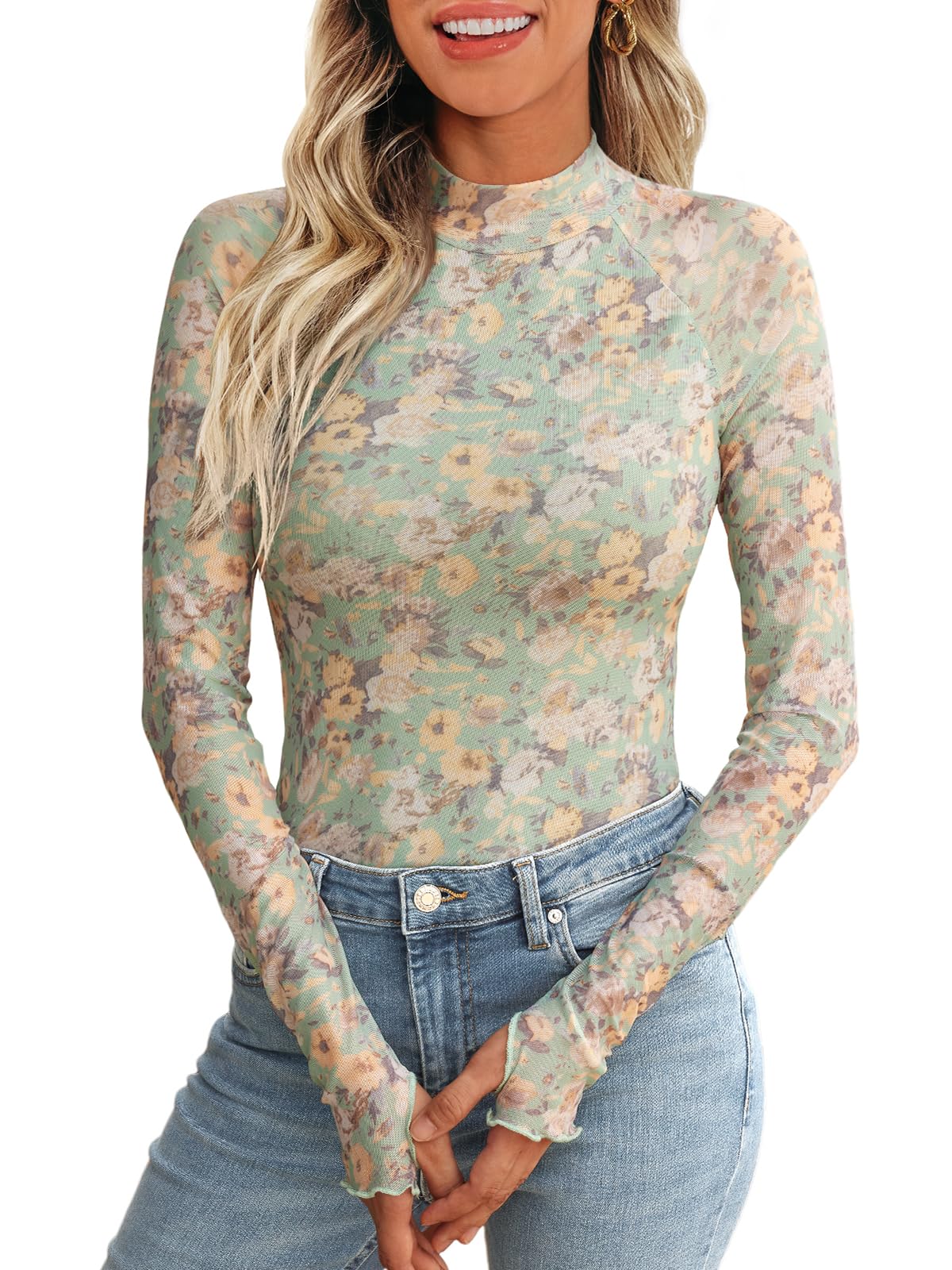 Dealmore Womens Lace Sheer Floral Mesh Mock Neck Tops