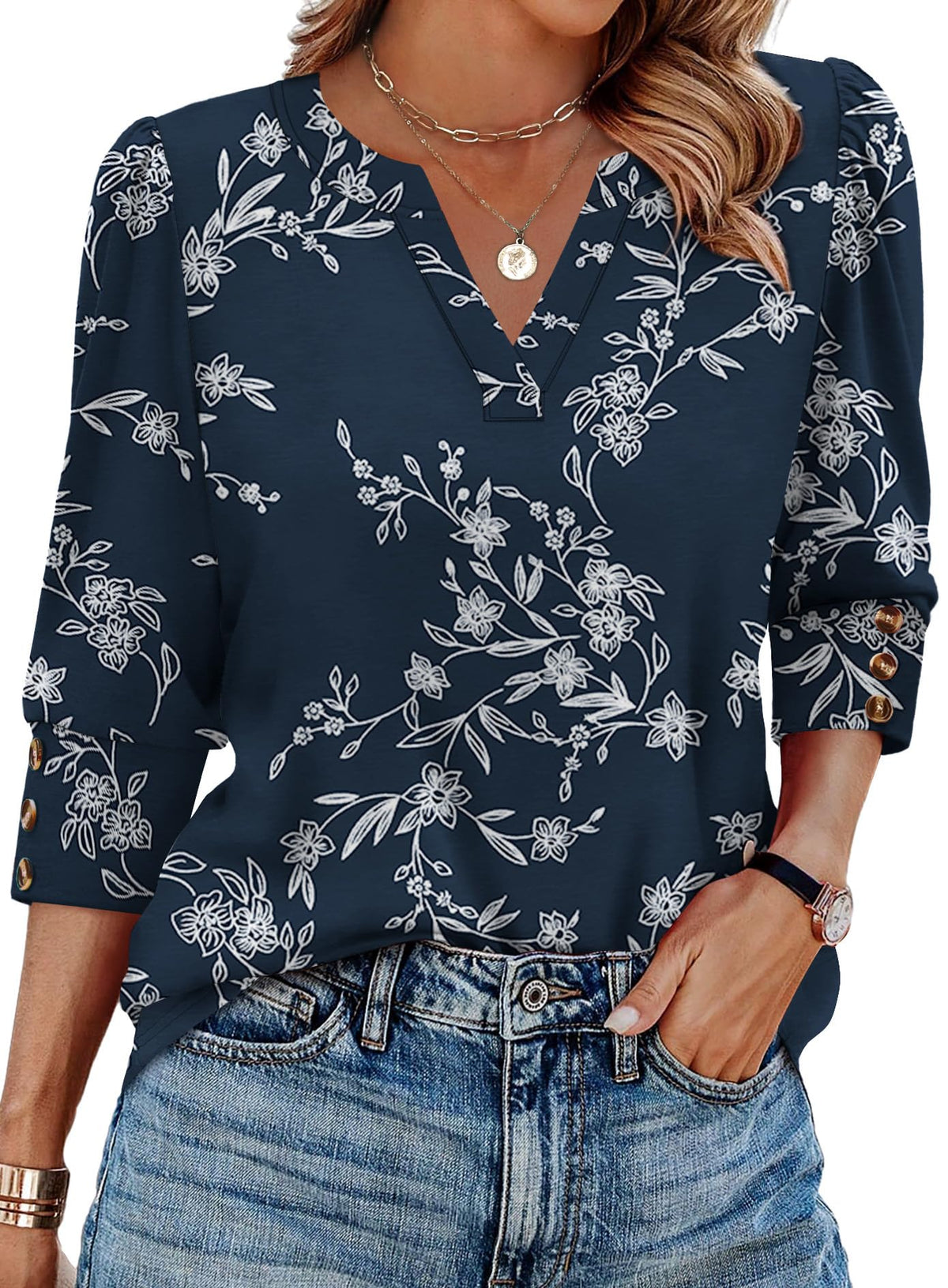 WIHOLL 3/4 Length Sleeve Womens Tops with Button Cuffs Dressy Casual V Neck Summer Outfits Early Fall Fashion Spring Clothes