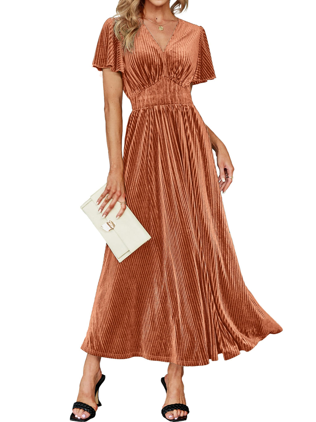 Simplee Women’s V Neck Velvet Maxi Dress Short Sleeve Empire Waist Long Formal Dress for Wedding Guest