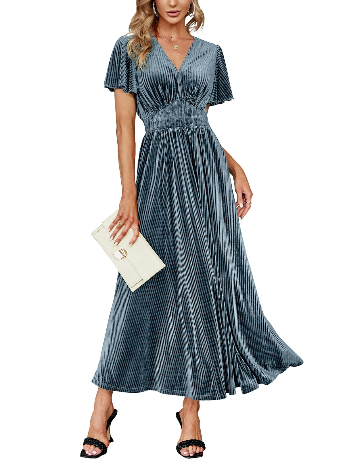 Simplee Women’s V Neck Velvet Maxi Dress Short Sleeve Empire Waist Long Formal Dress for Wedding Guest