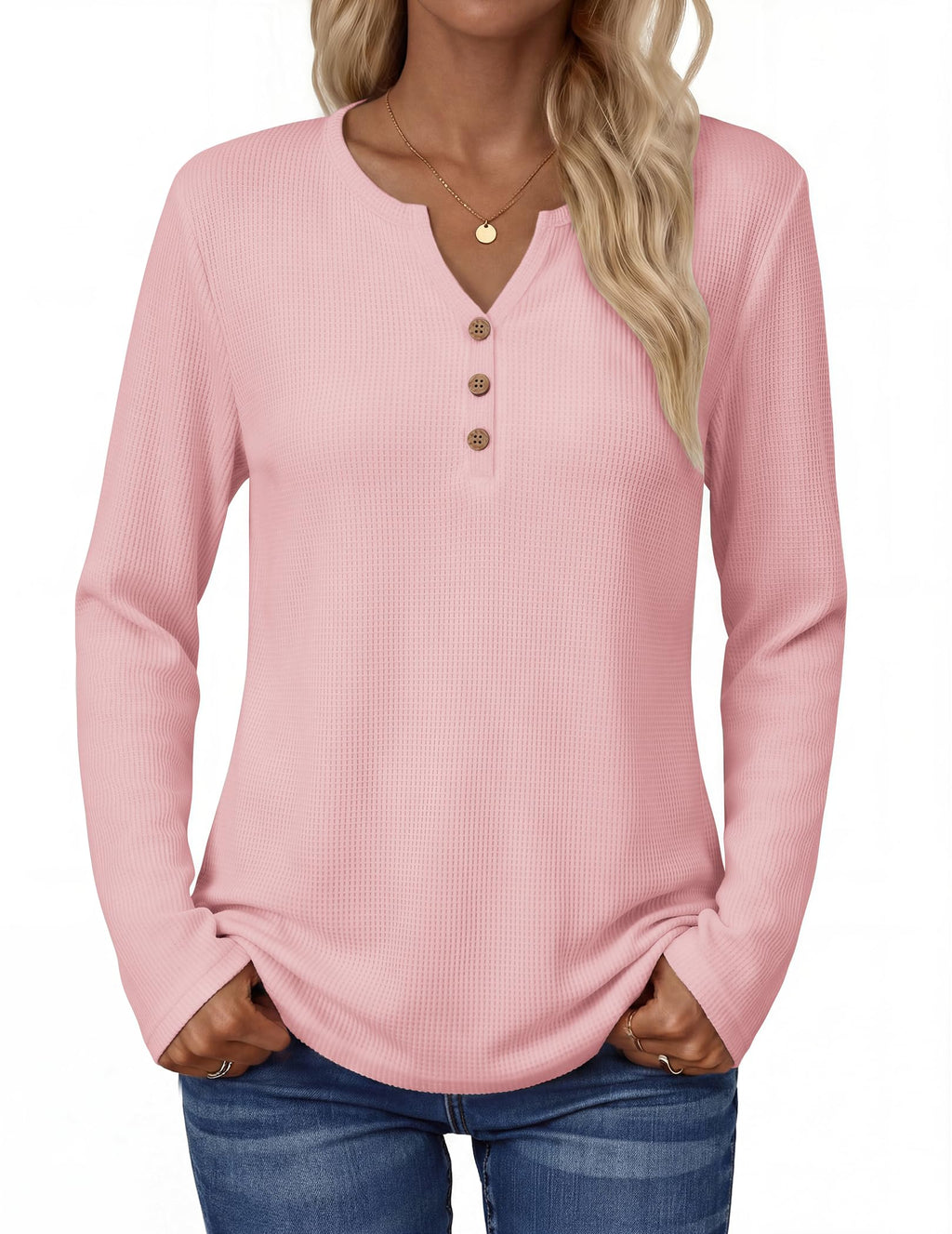 Zeagoo Women's Long Sleeve Waffle Knit Tops 2026 Fall Henley V Neck Shirts