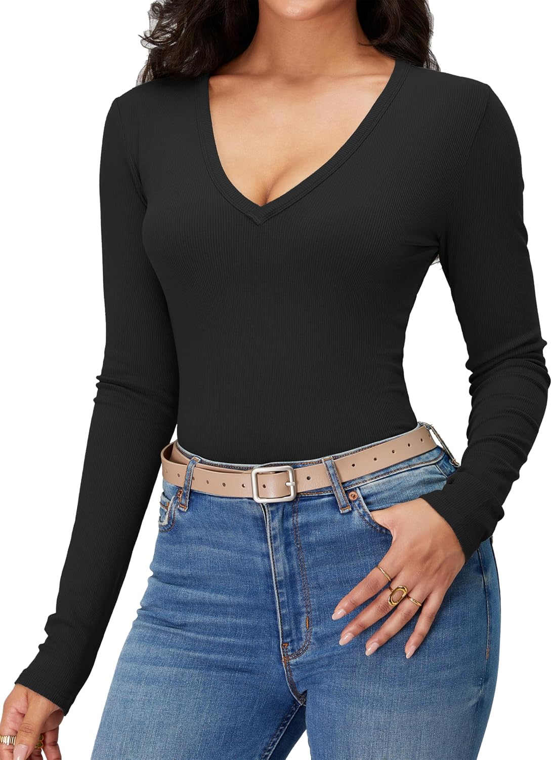 iGENJUN Women Long Sleeve V Neck Shirts for Women Business Casual Work Top Knit Slim Fit for Fall