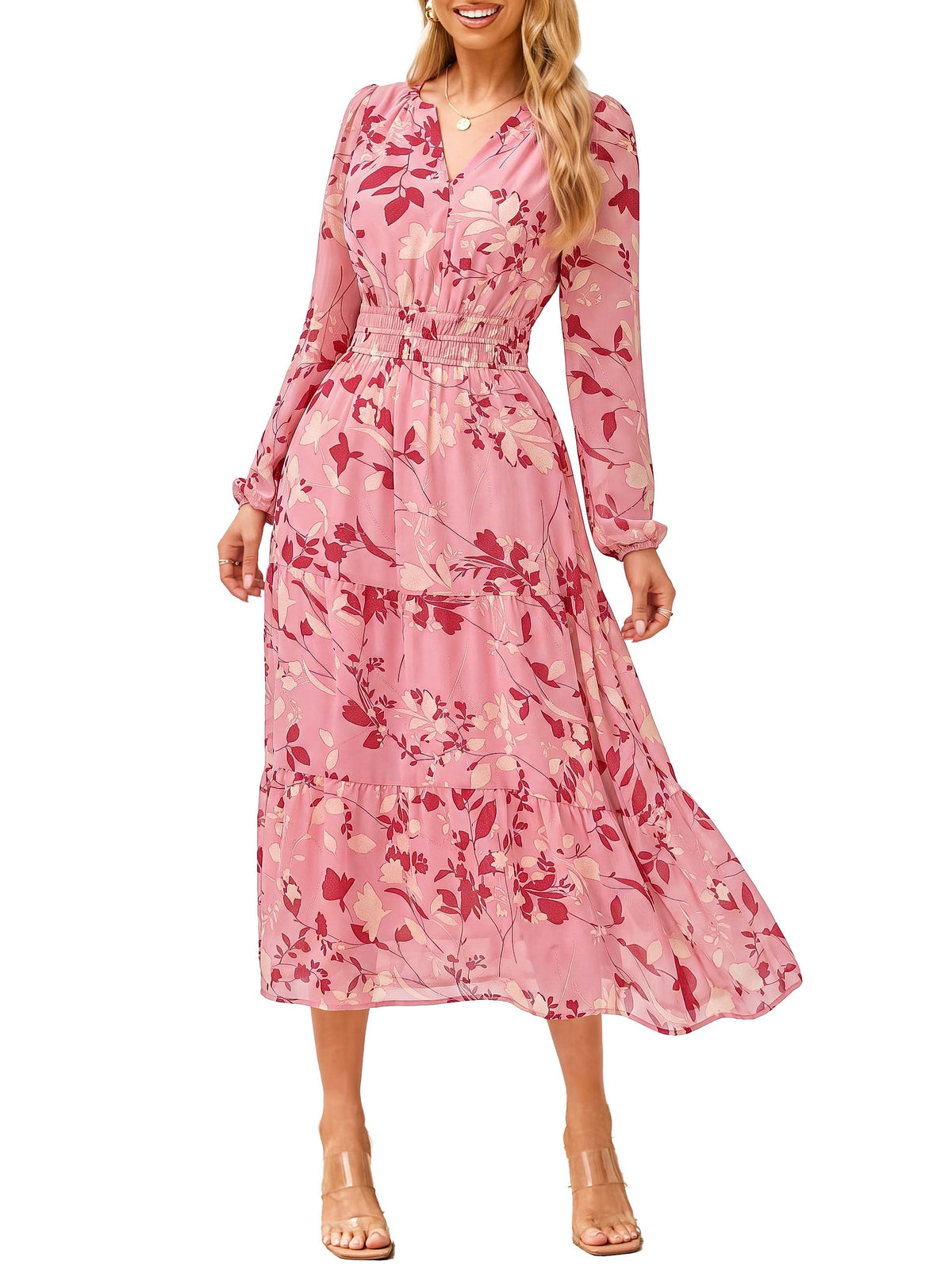 Simplee Women's Floral Boho Long Sleeve Maxi Dress V Neck Empire Waist Swing Flowy Wedding Guest Dress