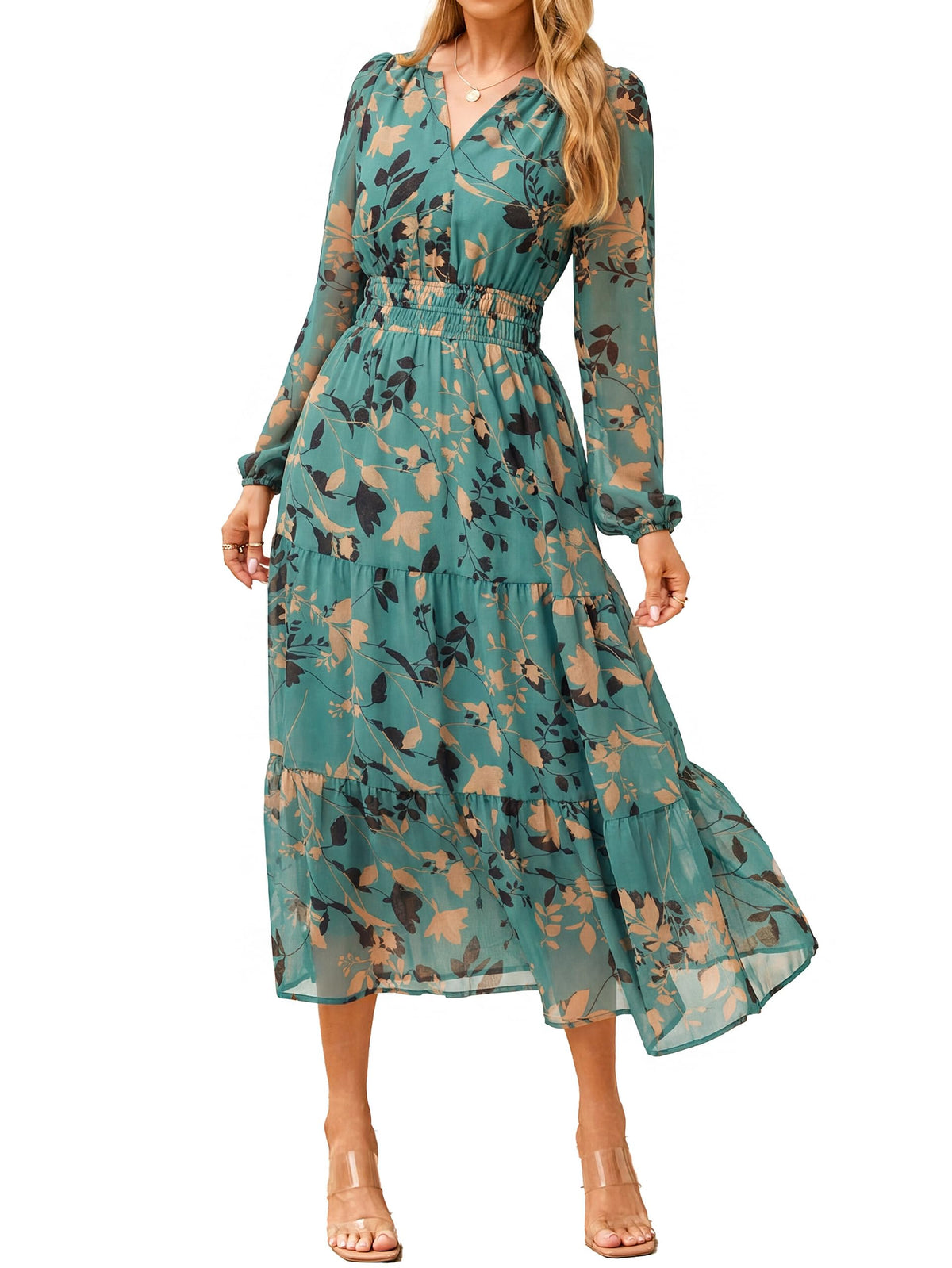 Simplee Women's Floral Boho Long Sleeve Maxi Dress V Neck Empire Waist Swing Flowy Wedding Guest Dress