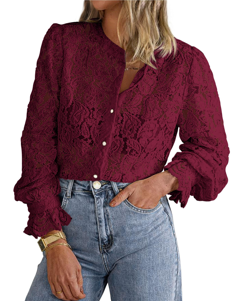 PRETTYGARDEN Women's Fall Trendy Long Sleeve Lace Tops