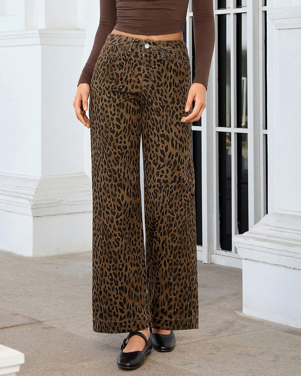 LookbookStore Wide Leg Jeans for Women Trendy High Waisted Stretchy Cheetah Leopard Pants Ankle Length Trouser Jeans