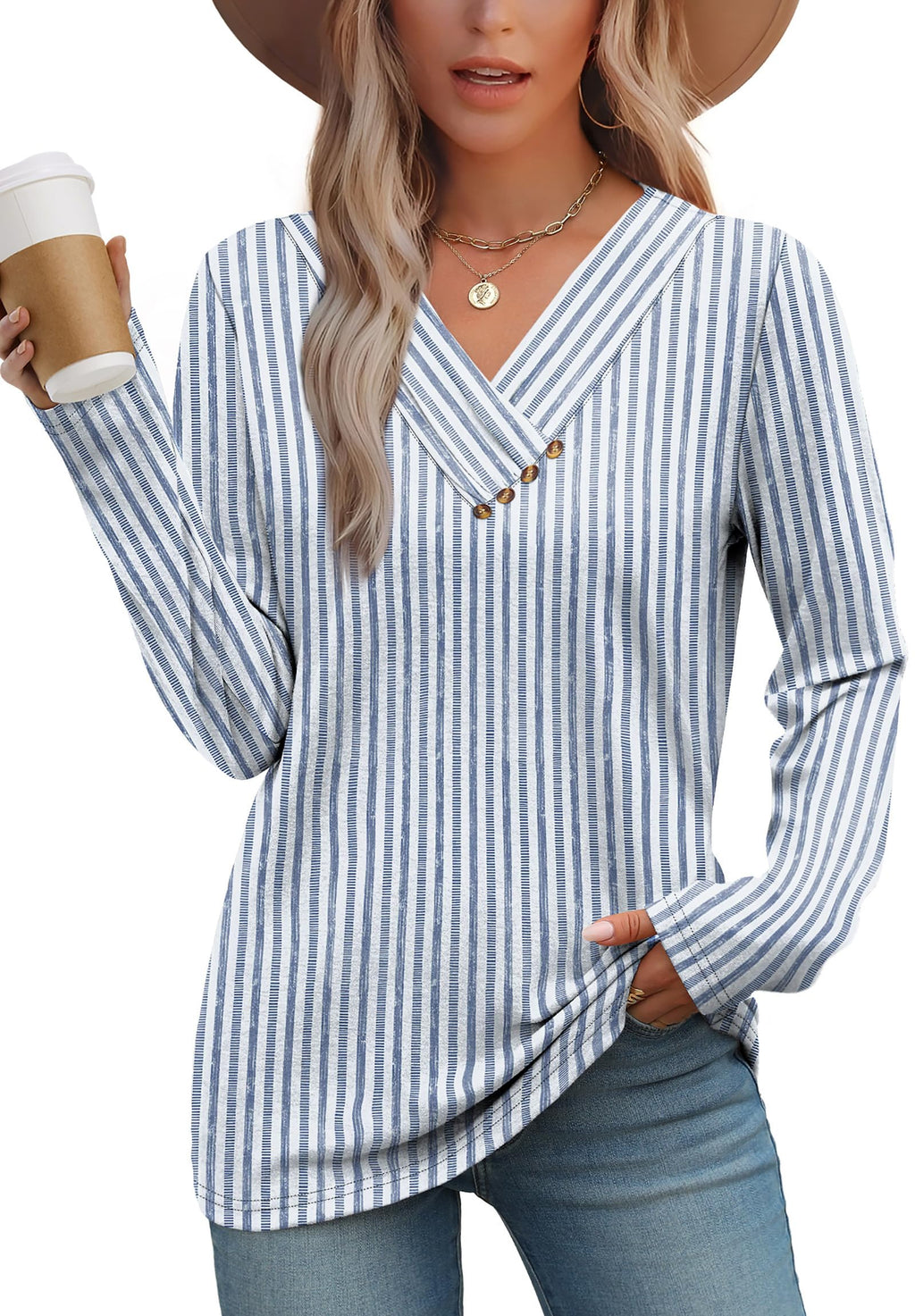WIHOLL Long Sleeve Shirts for Women Fall Outfits V Neck T Shirts Button Down Tunic Tops Fashion Clothing