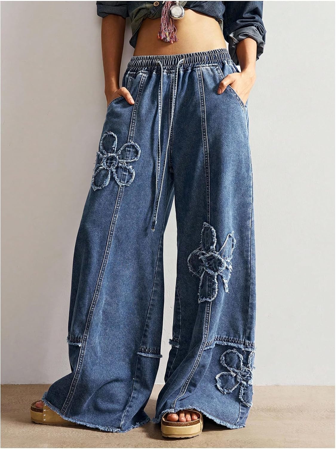 BEAUDRM Women's Y2K Baggy Jeans Wide Leg Jeans Denim Boho Pants