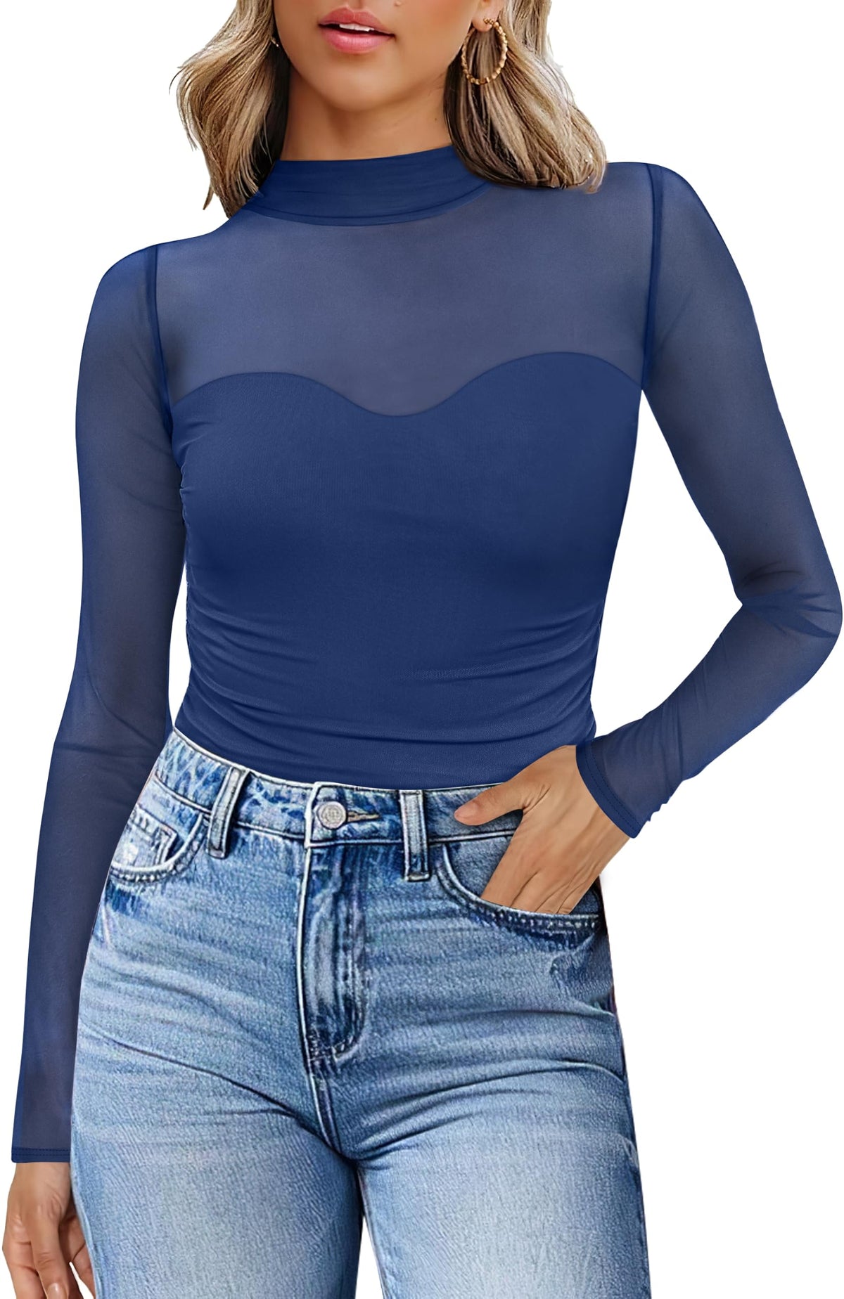 Womens Sexy Mesh Long Sleeve Shirts Fashion Clothing Turtle Necks Sheer Ruched Going Out Tops Fall Outfits Slim Fit Blouses