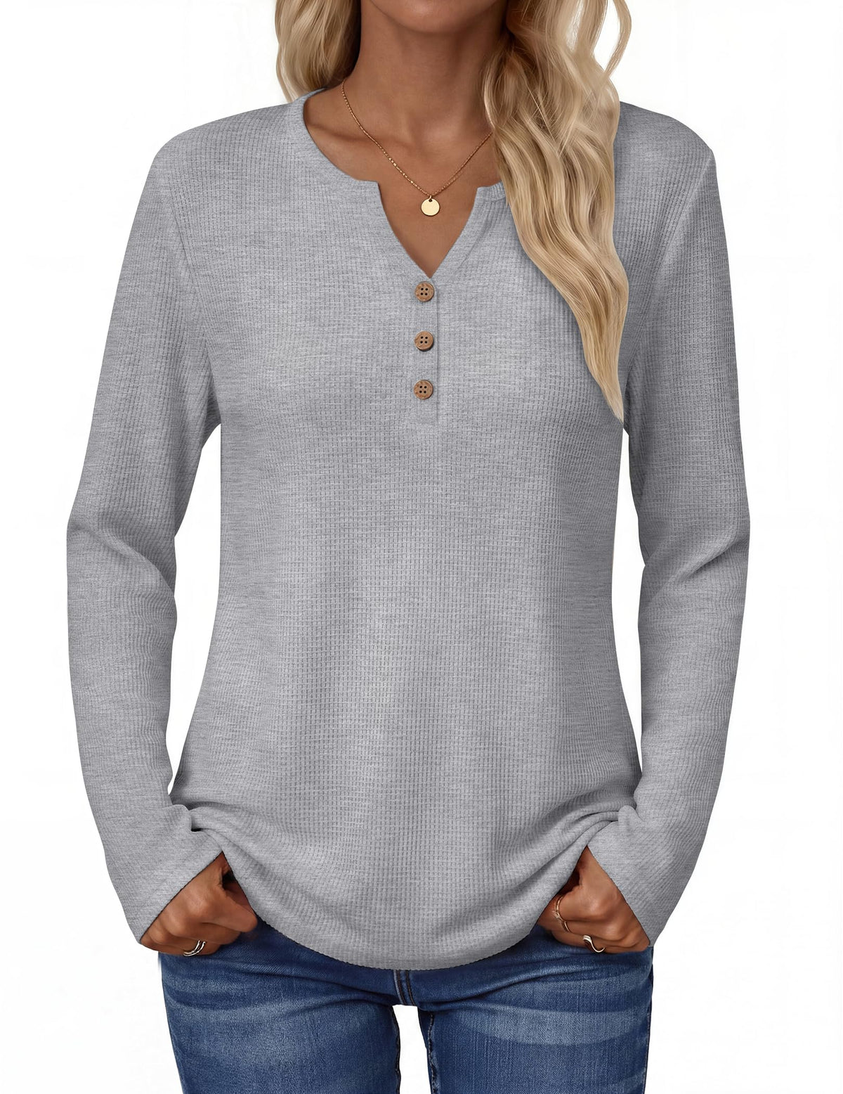 Zeagoo Women's Long Sleeve Waffle Knit Tops 2026 Fall Henley V Neck Shirts