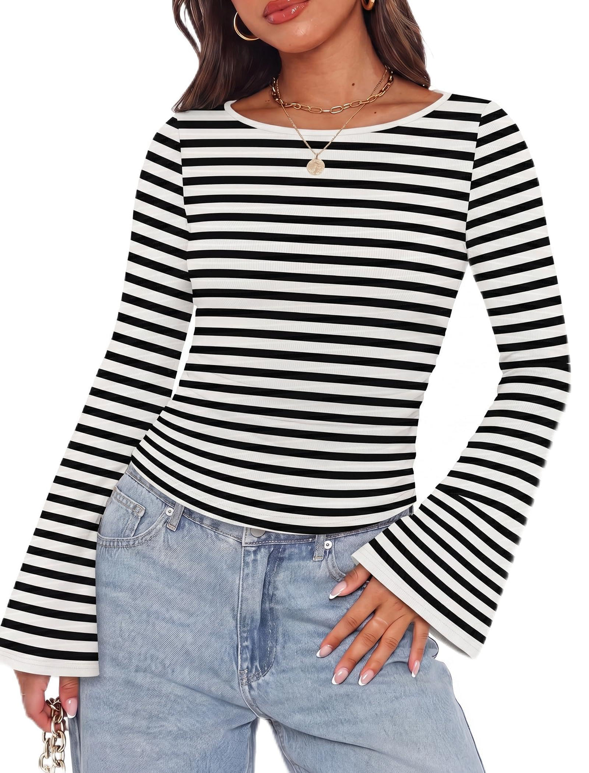WIHOLL Bell Sleeve Tops for Women Boat Neck Ruched Ribbed Long Sleeve Fall Shirts for Women 2026
