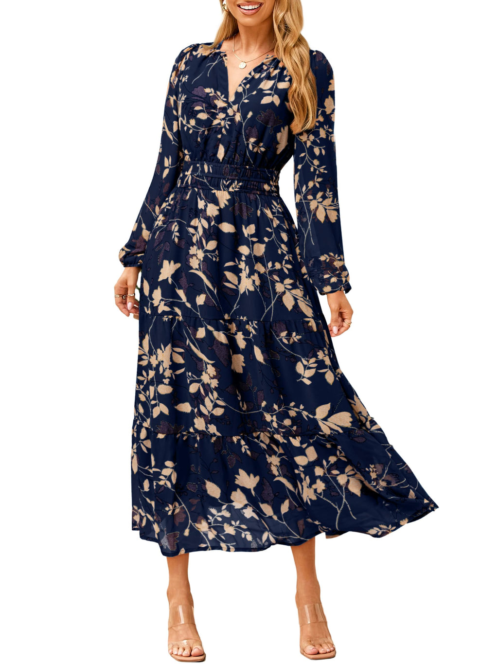 Simplee Women's Floral Boho Long Sleeve Maxi Dress V Neck Empire Waist Swing Flowy Wedding Guest Dress