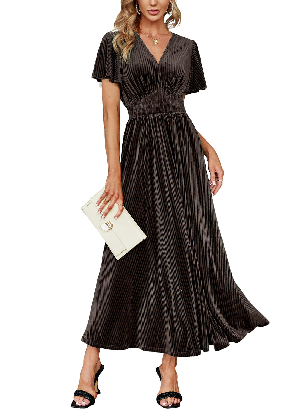 Simplee Women’s V Neck Velvet Maxi Dress Short Sleeve Empire Waist Long Formal Dress for Wedding Guest
