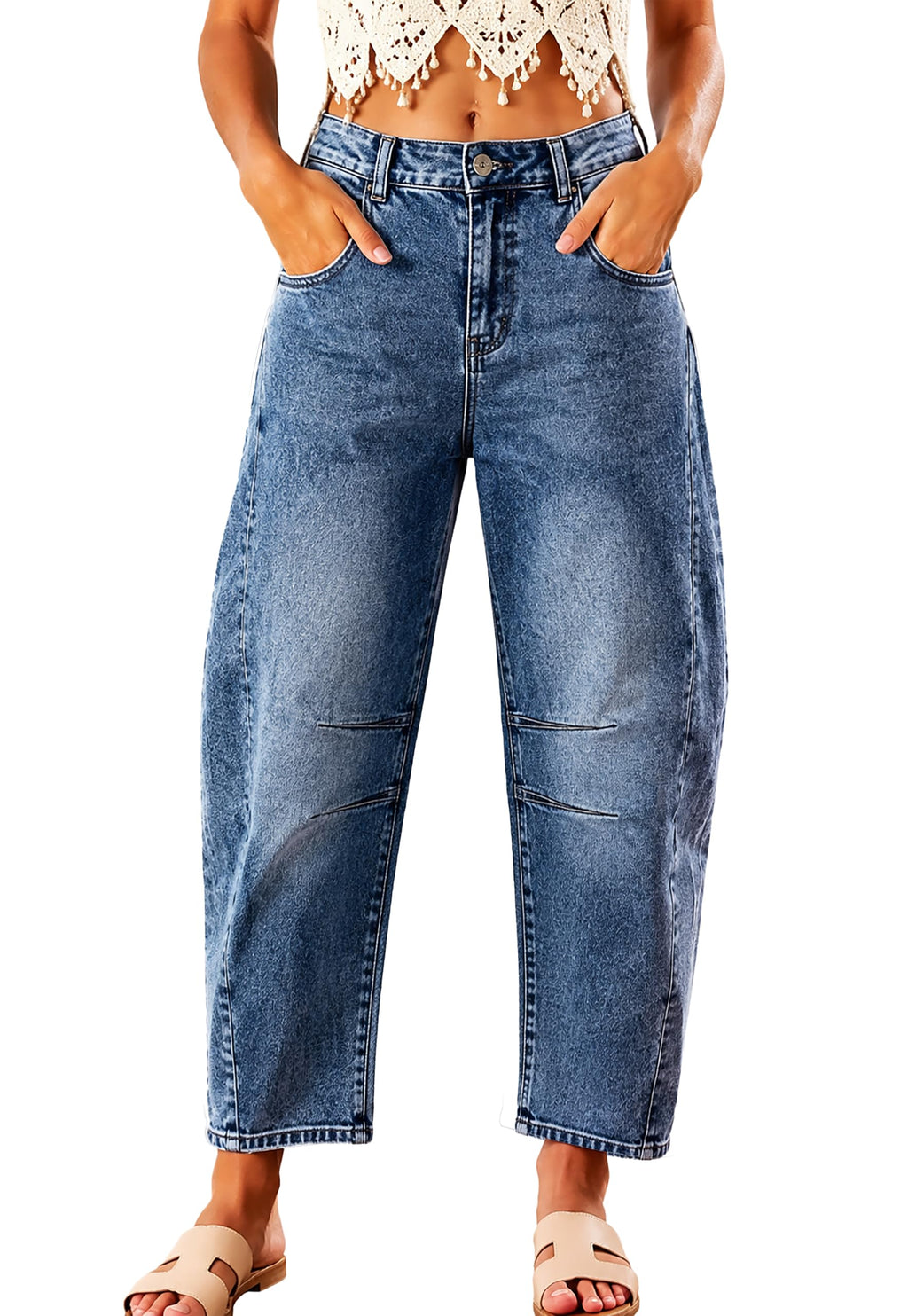 Women's High Waisted Stretch Barrel Leg Jeans Cropped Ankle Pants
