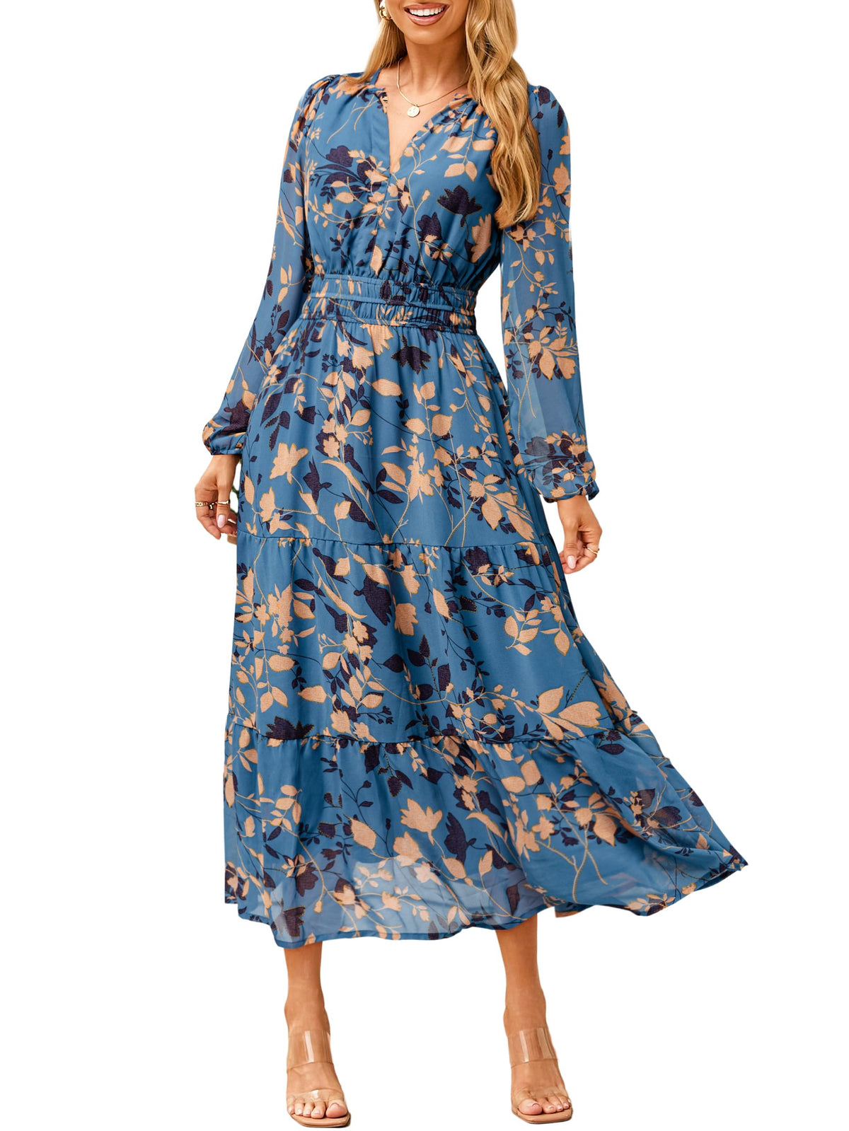 Simplee Women's Floral Boho Long Sleeve Maxi Dress V Neck Empire Waist Swing Flowy Wedding Guest Dress