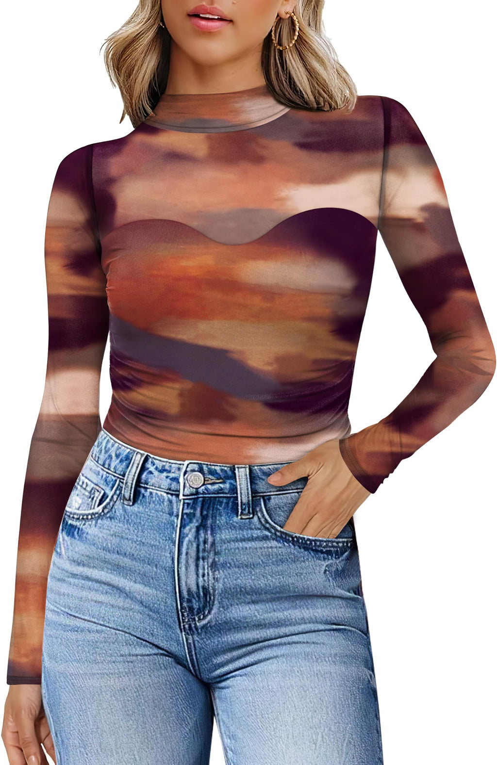 Womens Sexy Mesh Long Sleeve Shirts Fashion Clothing Turtle Necks Sheer Ruched Going Out Tops Fall Outfits Slim Fit Blouses