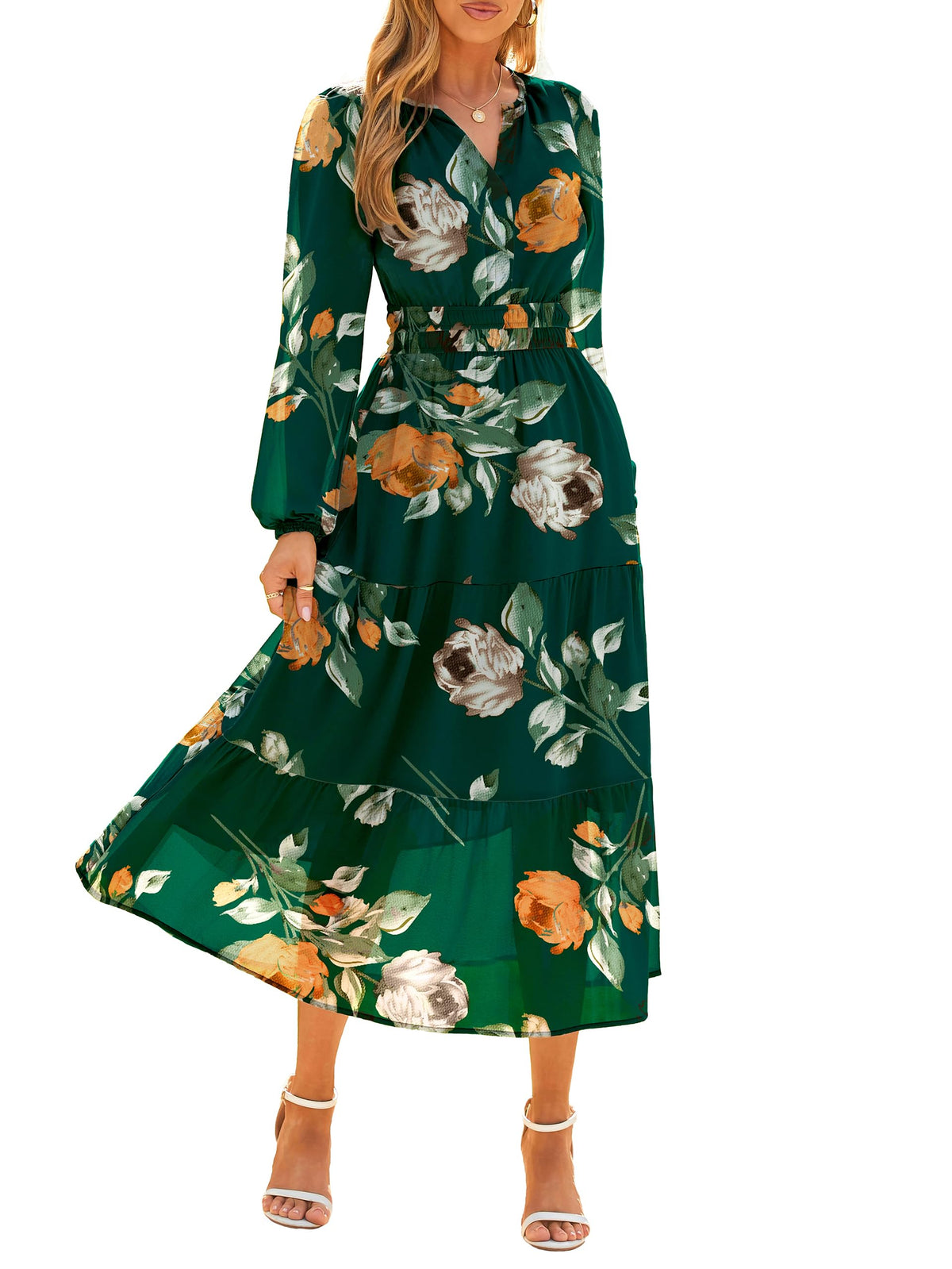 Simplee Women's Floral Boho Long Sleeve Maxi Dress V Neck Empire Waist Swing Flowy Wedding Guest Dress