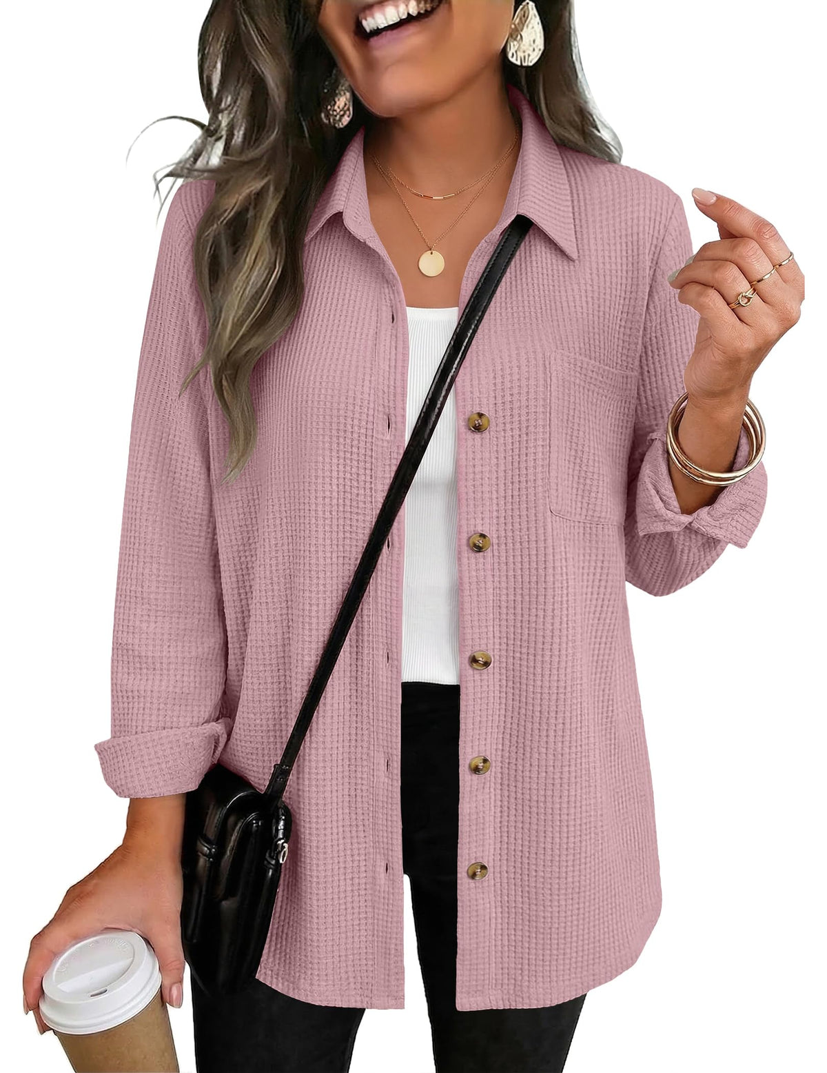 Zeagoo Womens Waffle Knit Shacket Button Down Long Sleeve Tops with Pocket