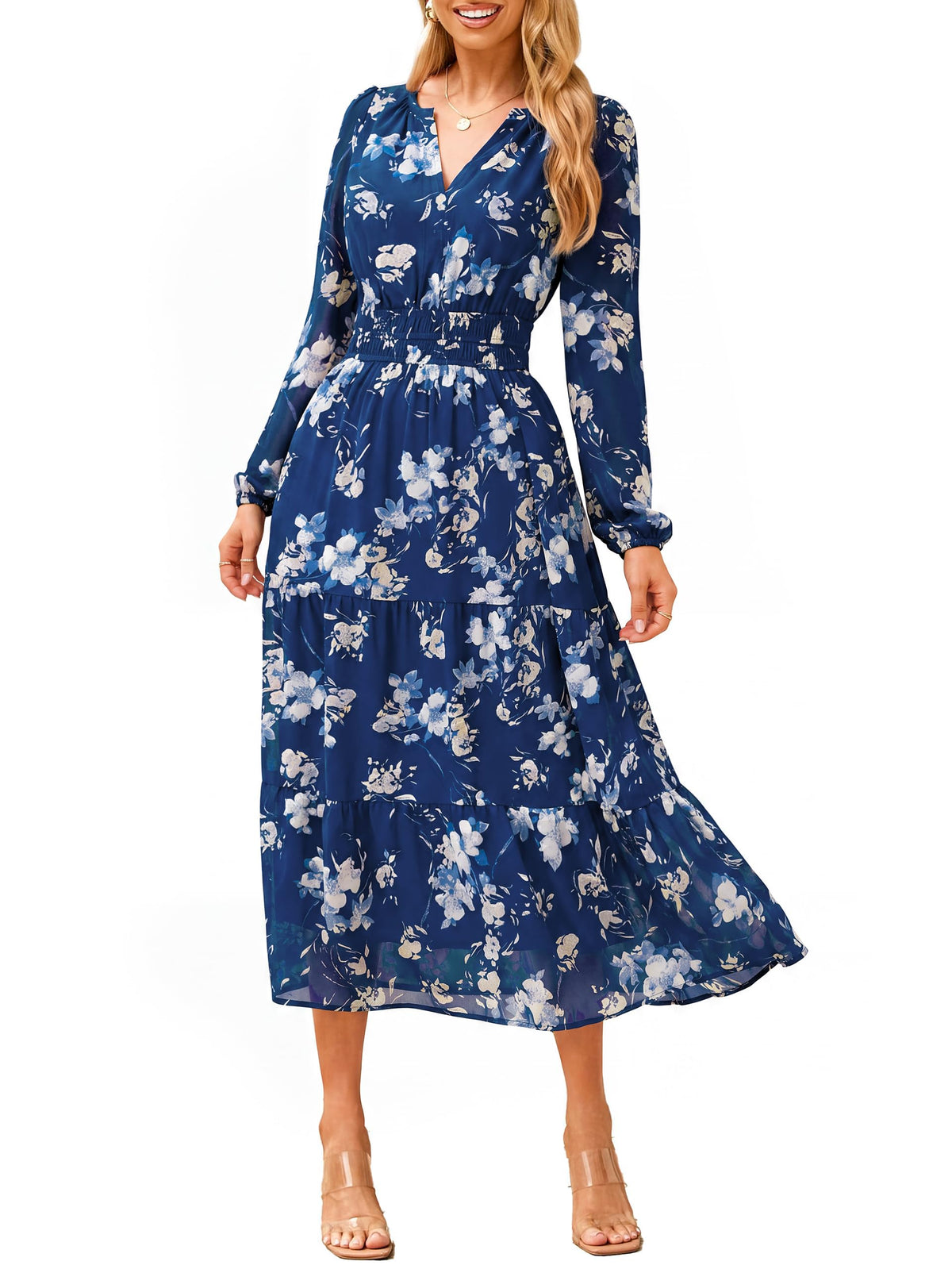 Simplee Women's Floral Boho Long Sleeve Maxi Dress V Neck Empire Waist Swing Flowy Wedding Guest Dress